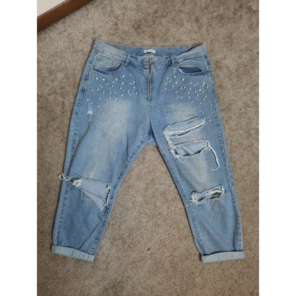 Liquor N Poker Curve Denim Blue Crop Mom Jeans 18 - Picture 4 of 12